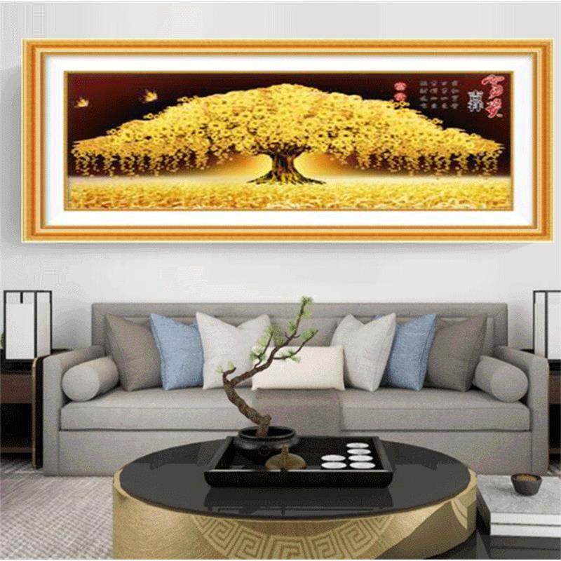 新款直销简约现代玄关钻石画竖版发财树贴钻十字绣满钻黄金树走廊