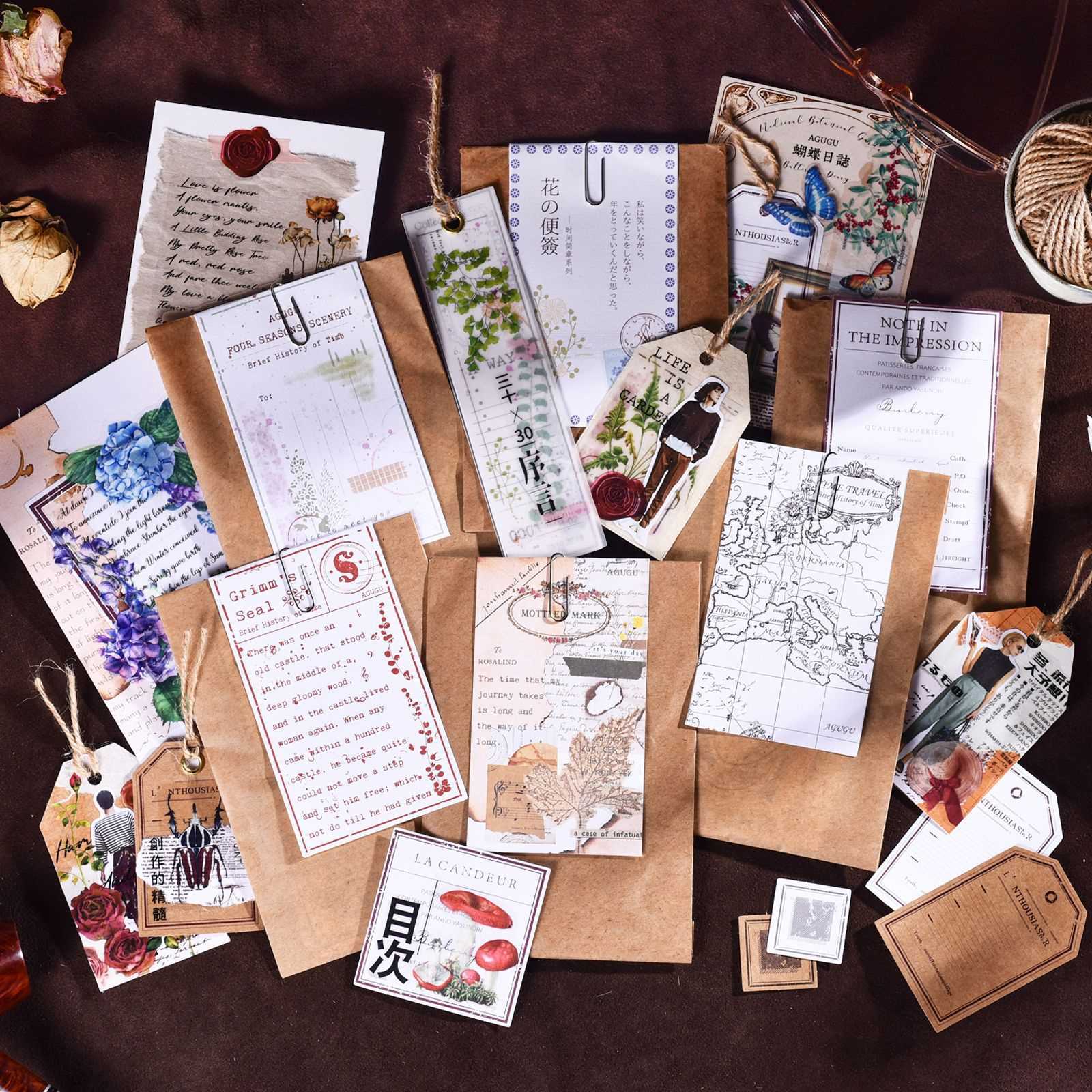 新款直销AGUGU时间简章贴纸包复古DIY手帐打底纸植物蝴蝶玫瑰素材