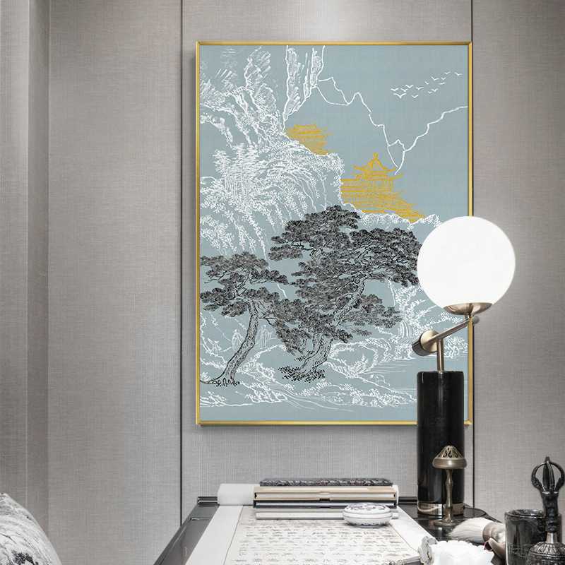 新款直销沙发背景墙客厅装饰画酒店别墅走廊过道竖版中国风建筑画图片