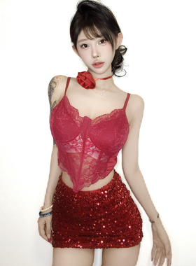 新款酒吧DS演出服女DJ领舞台性感辣妹红色蕾丝吊带gogo女爵士舞服