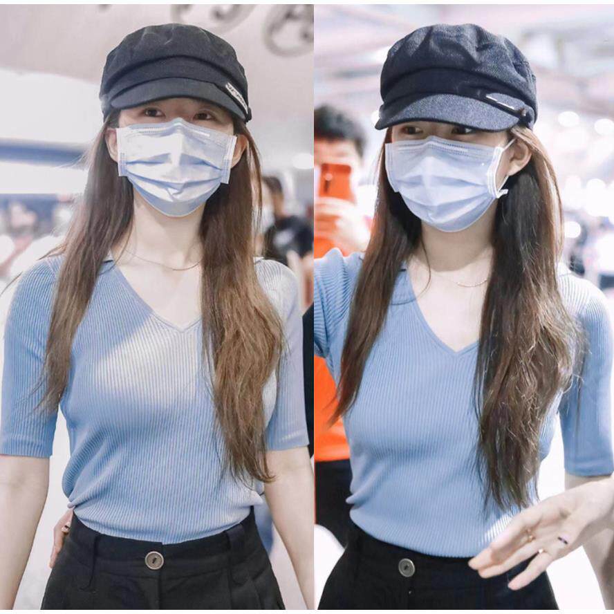 赵露思同款蓝色V领紧身夏季上衣女冰丝POLO领设计感显瘦针织衫t恤
