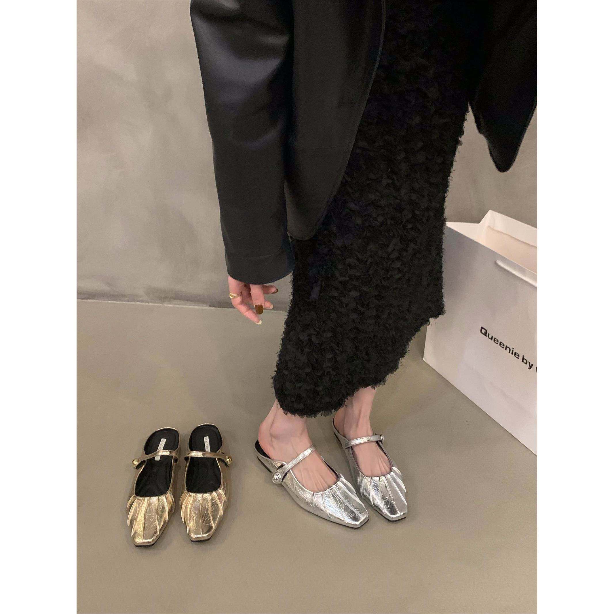 春夏季平底银色气质玛丽珍半托单鞋女2025新款配裙子包头半拖鞋女