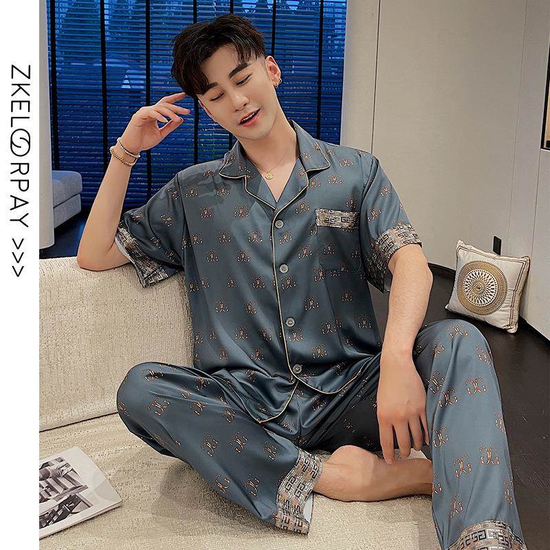 桑蚕丝短袖男士睡衣夏季加肥加大码冰丝薄款休闲真丝绸家居服套装