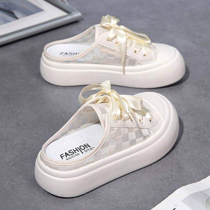 厚底包头半拖鞋女2025新款夏季中跟松糕懒人一脚蹬小白鞋帆布板鞋