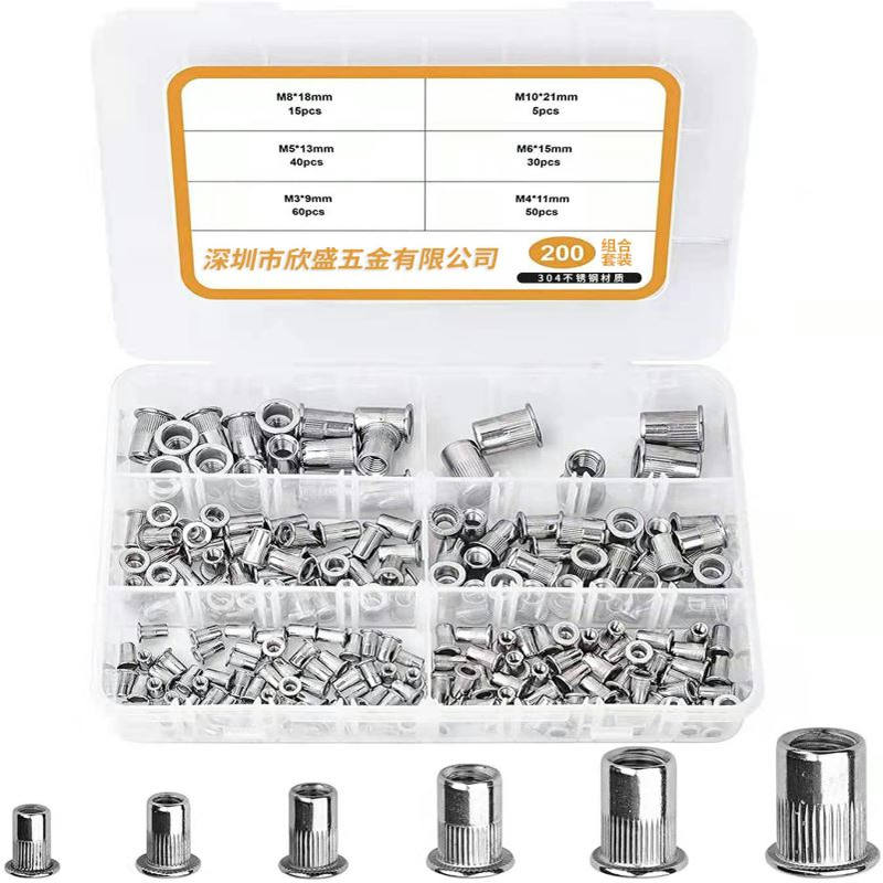 多规格组合套装螺母304不锈钢圆柱竖纹平头铆螺母彩锌竖纹铆螺母