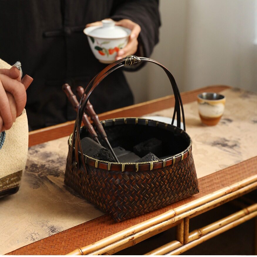 竹益堂手工竹编炭筐篮子带提手茶室木炭收纳篮碳钵篓家用围炉煮茶