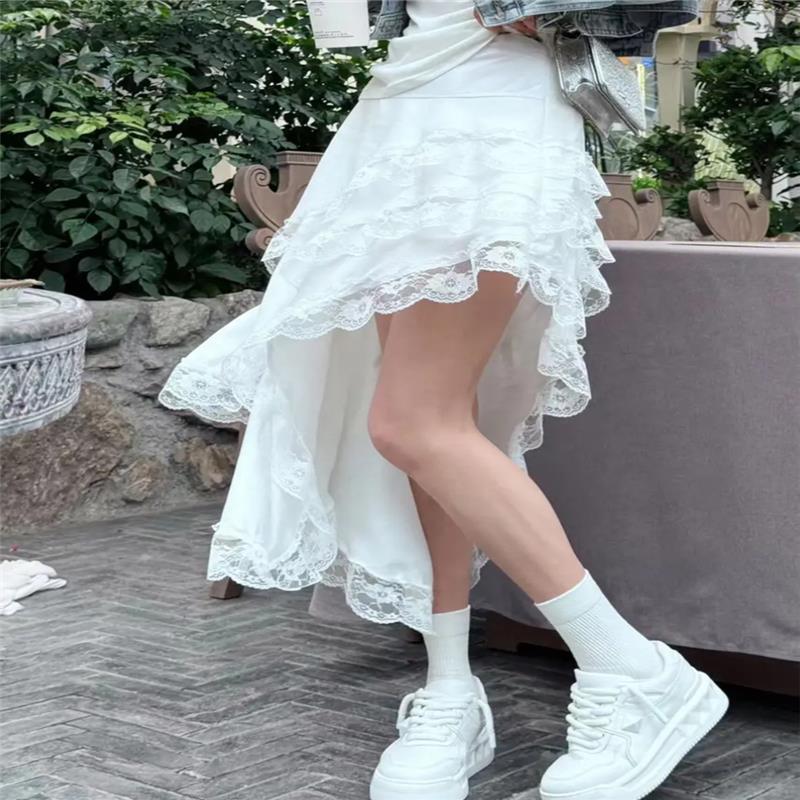 香港时尚不规则蕾丝花边半身裙女夏款法式设计感松紧腰开叉中长裙