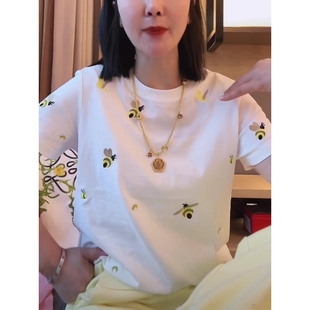 香港TIMO重工小蜜蜂刺绣短袖 宽松百搭显瘦圆领上衣 T恤女夏季 时尚