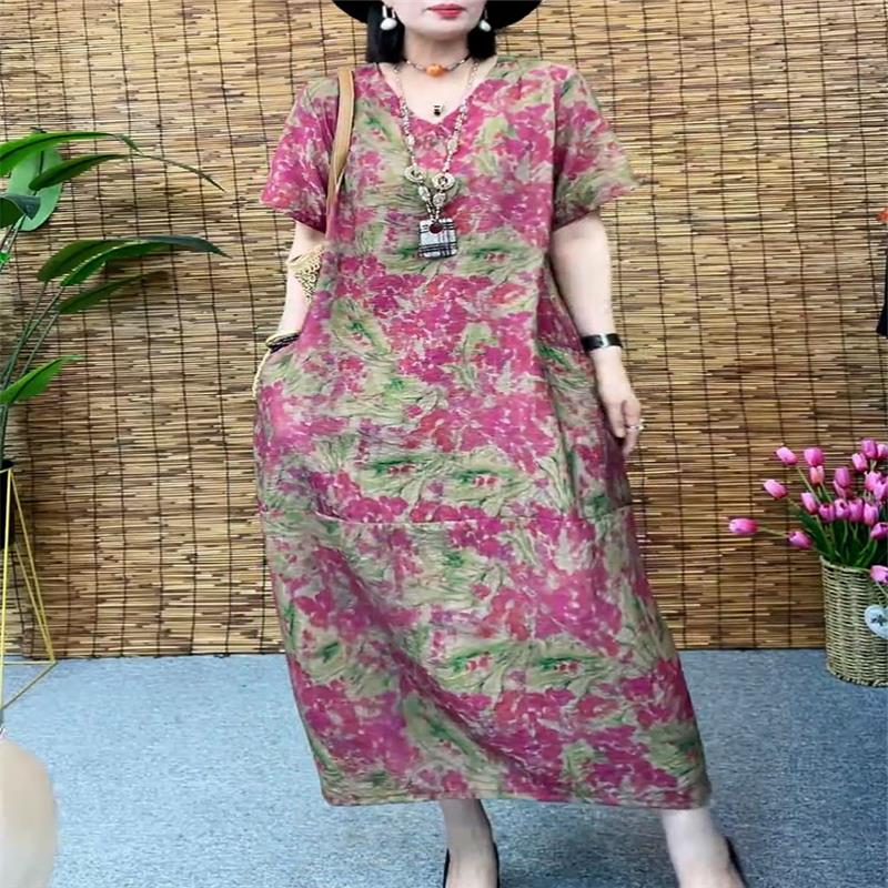 香港文艺民族风复古印花V领连衣裙女024年夏季新款气质宽松A字裙