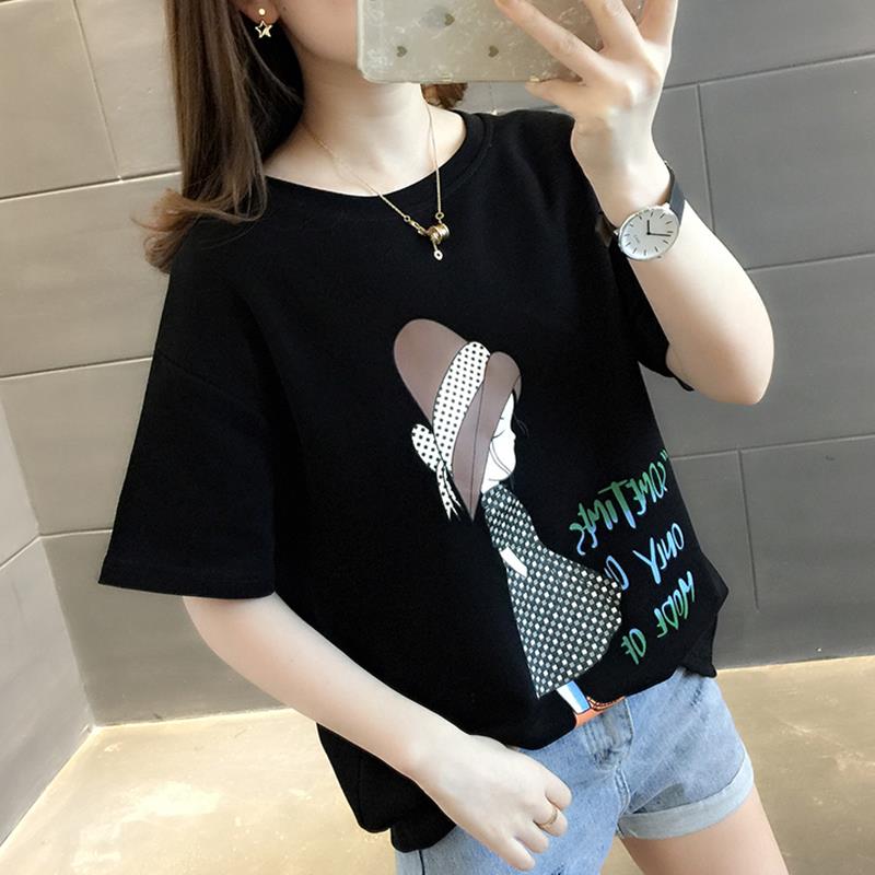 韩国黑色卡通短袖T恤女宽松2024年春夏新款休闲洋气纯棉百搭上衣