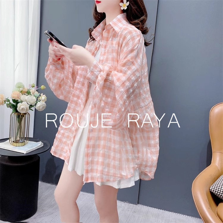 Rouje Raya法式格子长袖防晒衬衫女设计感褶皱宽松薄款时尚上衣夏