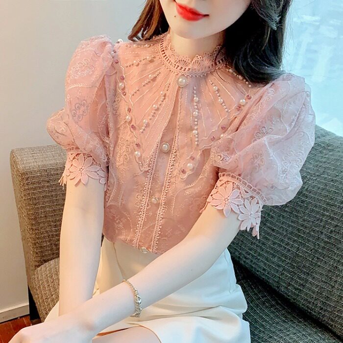香港TIMO雪纺衬衫女夏季2025气质蕾丝泡泡袖上衣时尚洋气短袖小衫