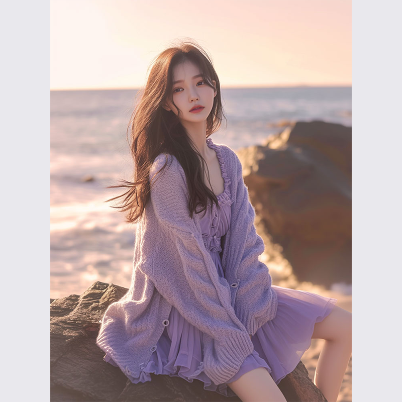 绝美小裙海边度假法式气质紫色雪纺连衣裙子夏季2024新款女装套装