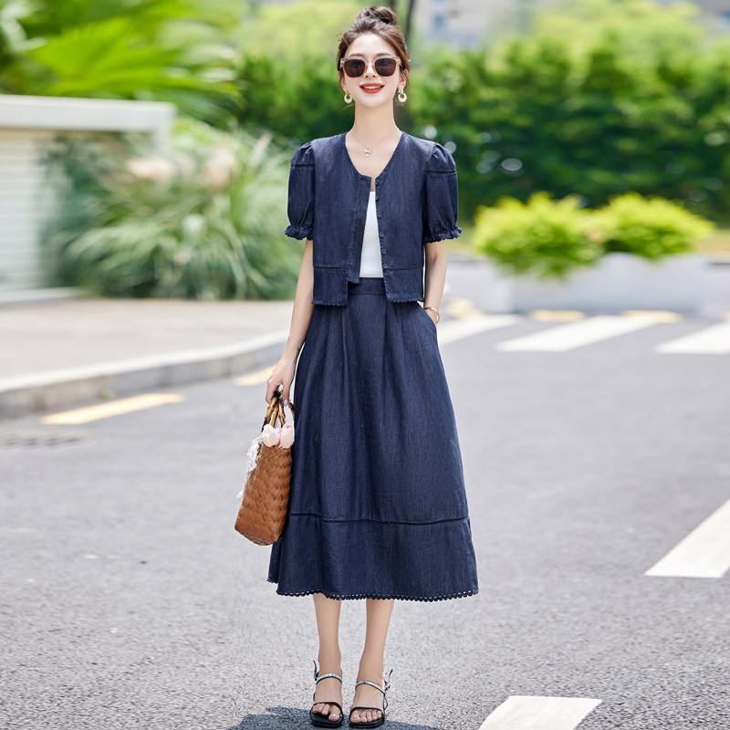 潮牌气质时尚休闲牛仔套装女 2024夏新款名媛上衣半身裙两件套女