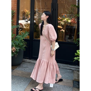 温柔风v领粉色甜美连衣裙宽松显瘦鱼尾裙茶歇长裙 专柜2025夏新款