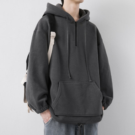 连帽卫衣男INS潮牌秋冬款加绒加厚宽松大码纯色外套保暖休闲上衣