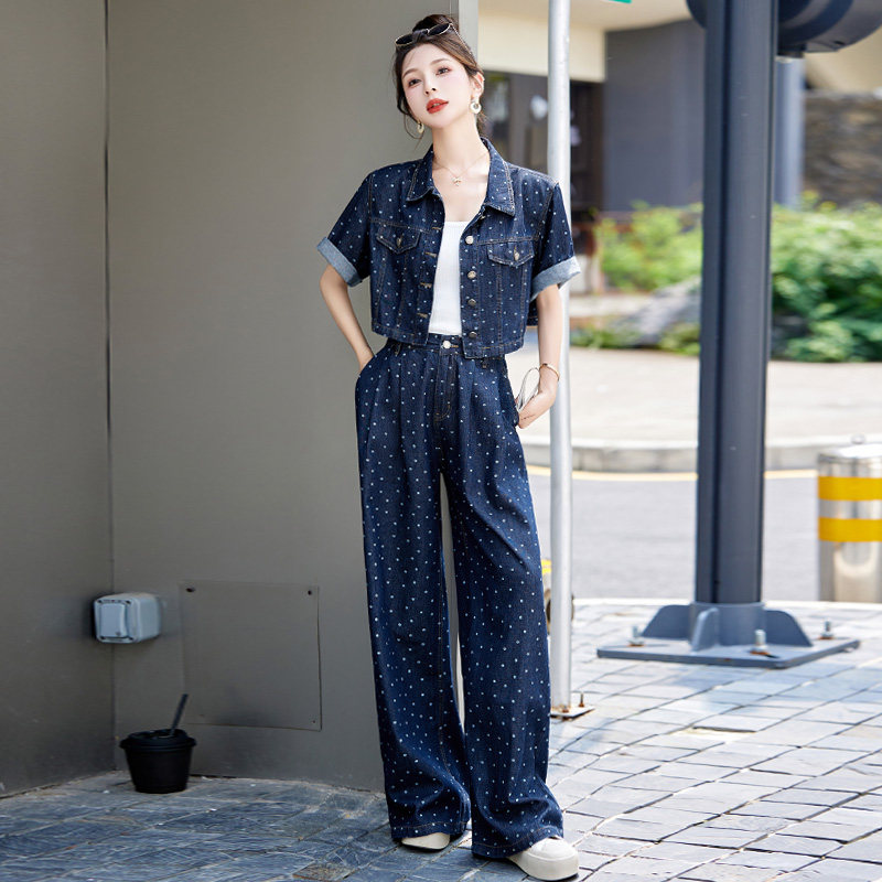 潮牌气质时尚休闲牛仔套装女 2024夏新款印花外套阔腿裤两件套女
