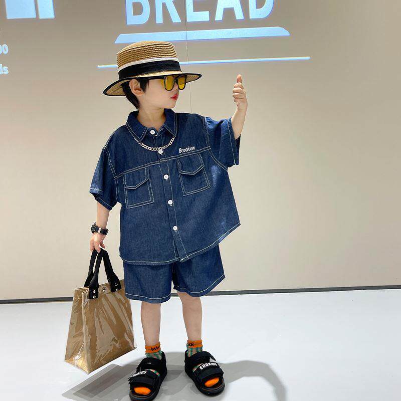 韩版男童牛仔短袖套装夏款2024新款痞帅气刺绣字母薄款衬衫两件套