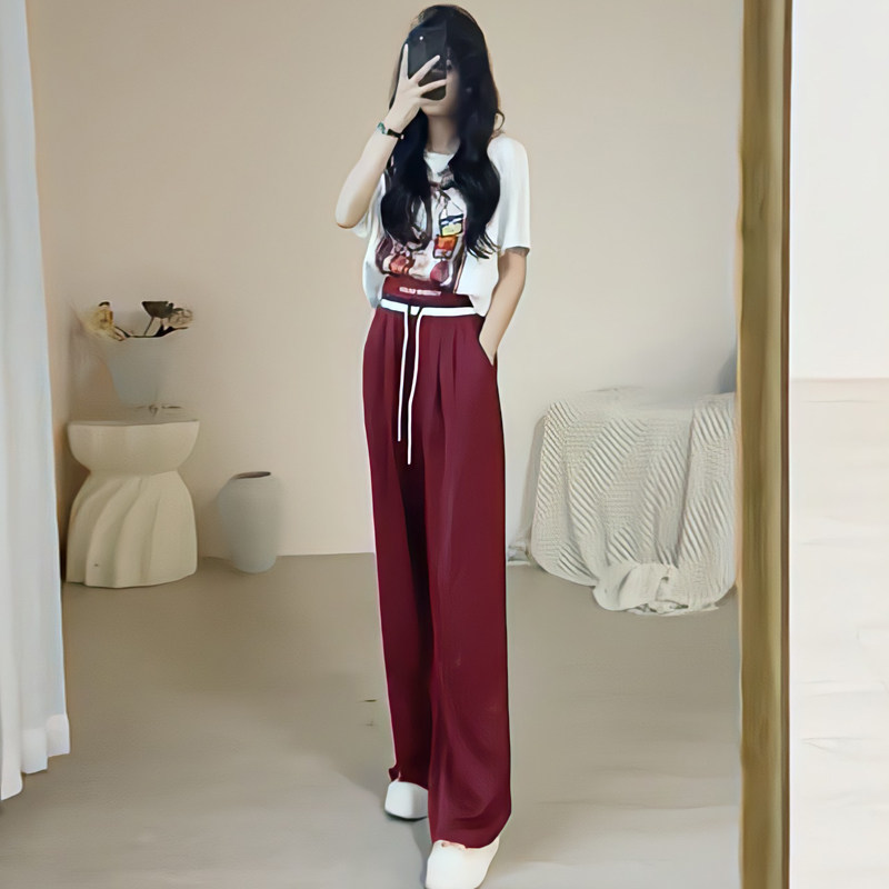 潮牌2025夏季新款女装时尚高级感短袖运动套装女直筒阔脚裤两件套
