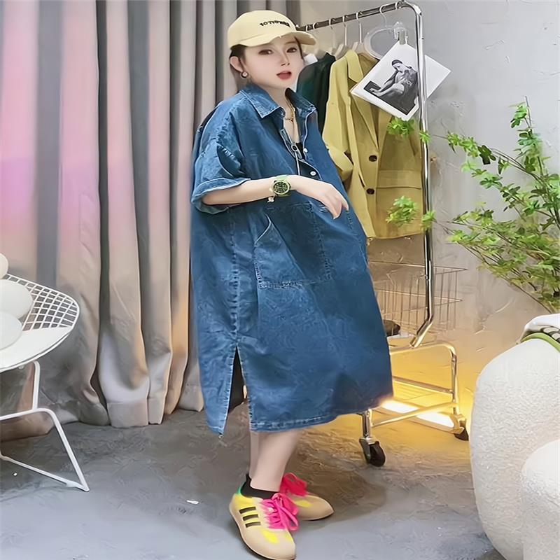 香港大码2025新款宽松蓝色短袖t恤牛仔连衣裙女装夏季薄款洋气感