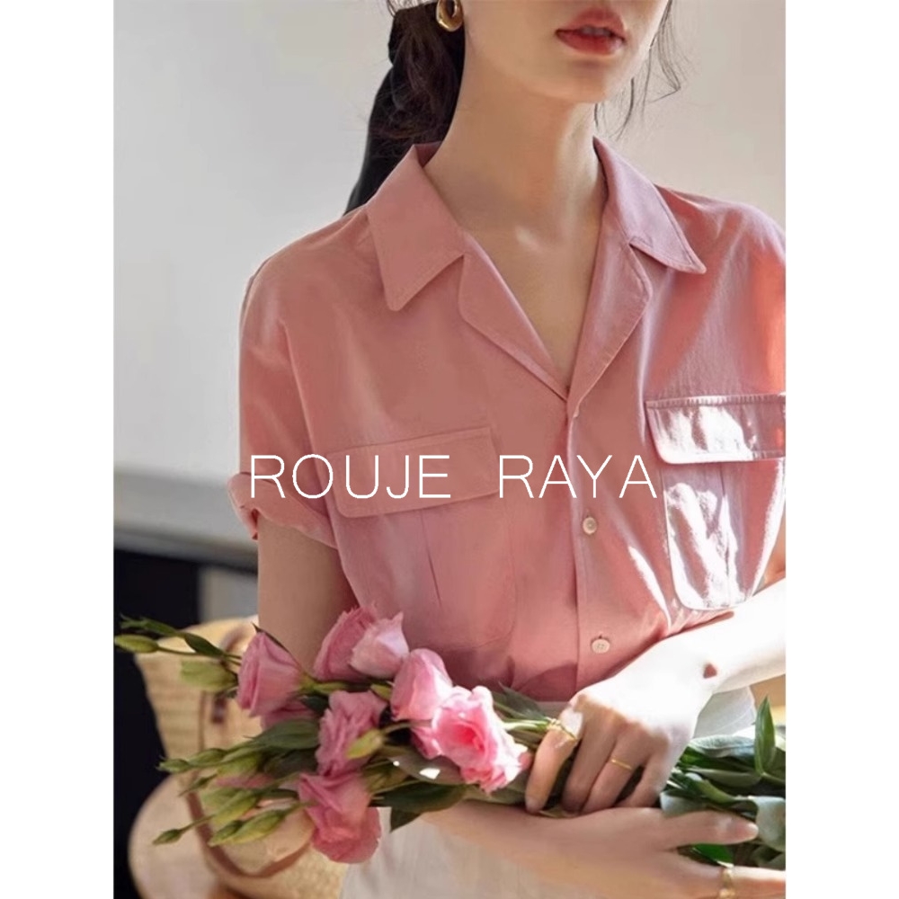 法国Rouje Raya法式西装领衬衫女短袖高级感小个子夏季薄款衬衣夏