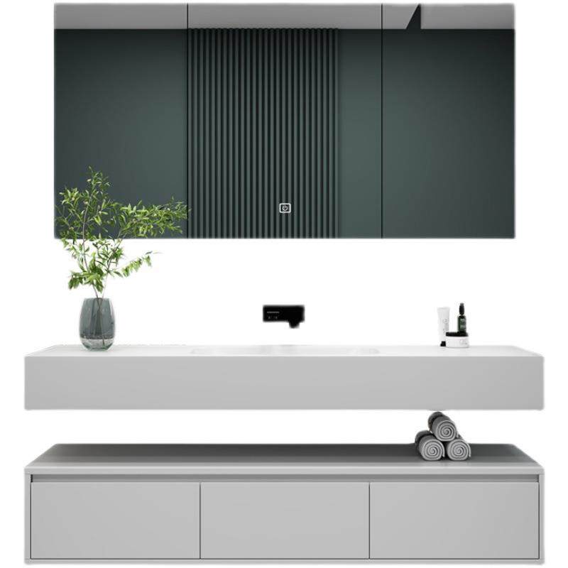 双层挂墙简约可丽耐岩板热弯一体无缝盆酒店风实木浴室柜组合柜子