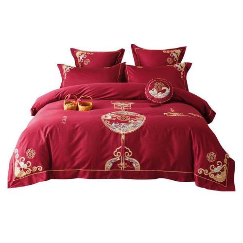 新中式婚庆龙凤100支刺绣四件套长绒棉全棉陪嫁娶红色结婚喜被套