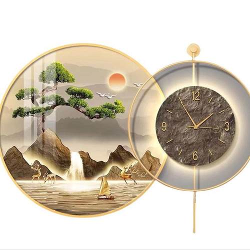 轻奢风餐厅装饰画带灯画钟表时钟圆形山水画客厅挂画玄关墙面壁画