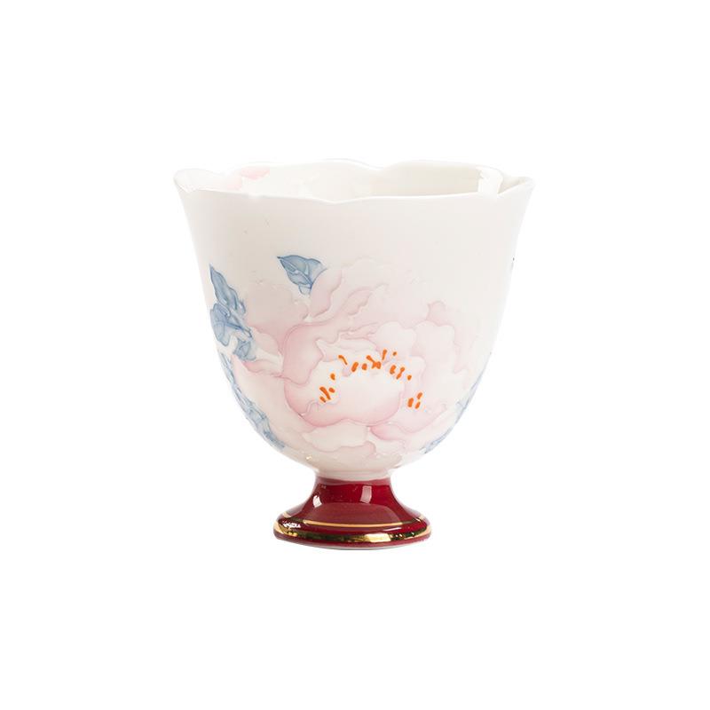 纯手工花口大号主人杯手绘堆料牡丹茶杯高档描金品茗杯功夫茶