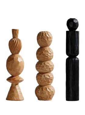 创意几何仿古木头木雕软装饰品摆件侘寂风中古现代壁龛艺术品摆设