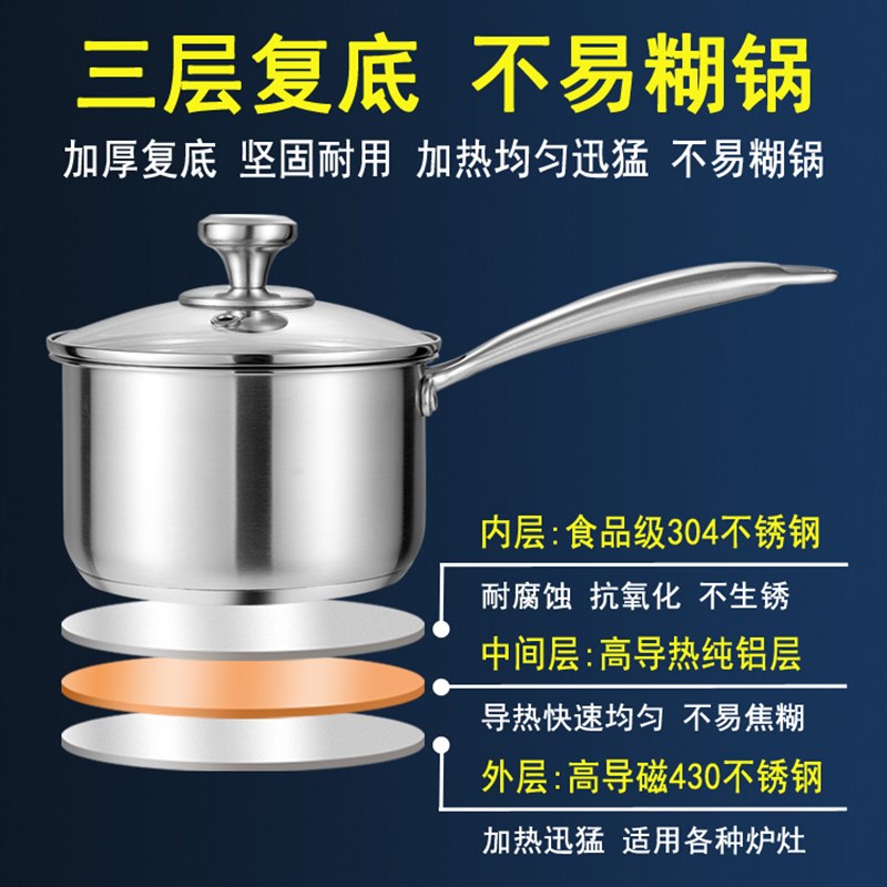小奶锅 德国304不锈钢加厚复底牛奶锅宝宝辅食泡面煮粥不粘锅汤锅