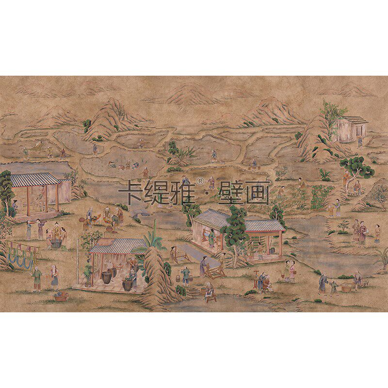 Katiya中式古典手绘壁纸田园生活复古电视背景墙墙布定制壁画国潮