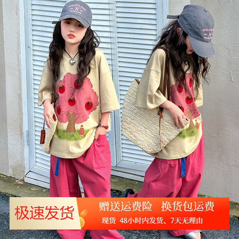 女童夏季套装中大童洋气薄款卡通短袖恤儿童网红时髦宽松工装裤