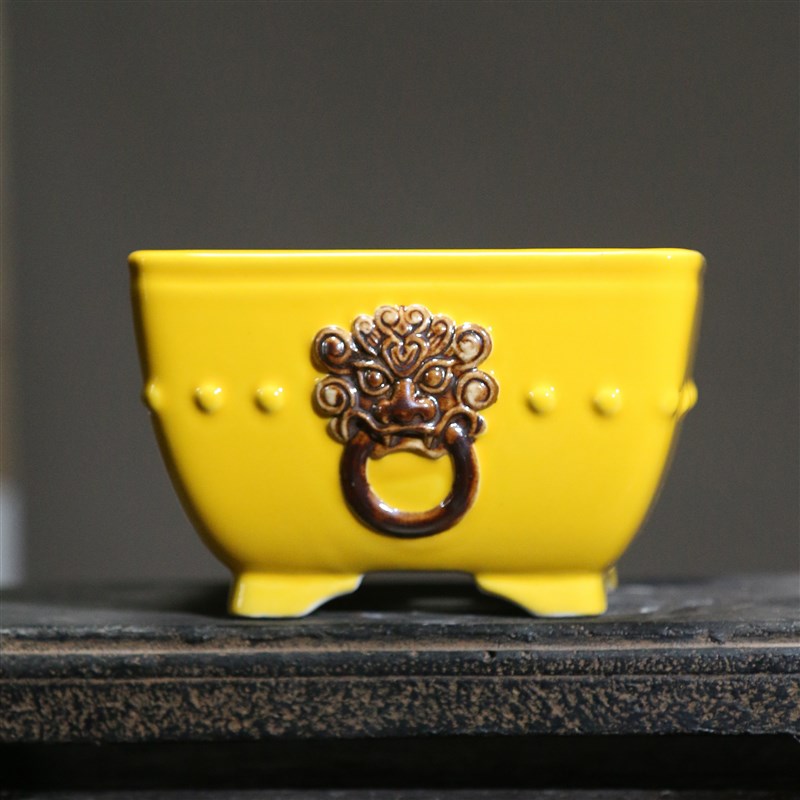 紫砂花盆正方形四方盆景盆鼓丁盆鼓点兽面狮子石湾盆菖蒲盆