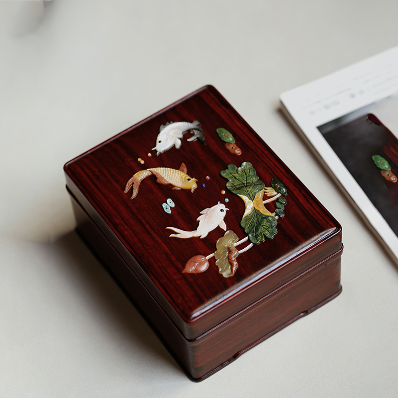 莲年有余印度小叶紫檀木首饰盒文玩百宝嵌红木制珠宝箱收纳盒7096