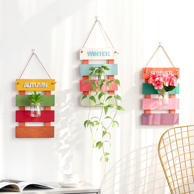 发光实木板墙壁装饰品卧室挂件创意墙面壁挂水培花瓶挂墙插花瓶盆