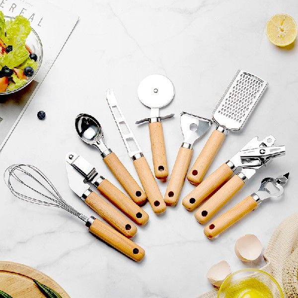 .Wooden Handle Kitchen Gadget Stainless Steel Utensils Can