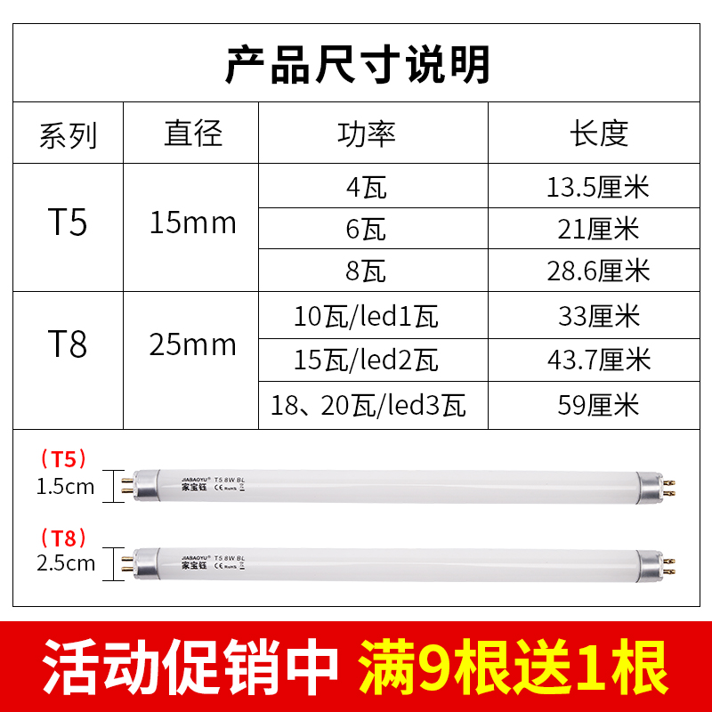 灭蝇灯管灭蚊灯管T5-8W6WT8-10W15W蓝光紫外线粘捕式诱驱蚊灯专用