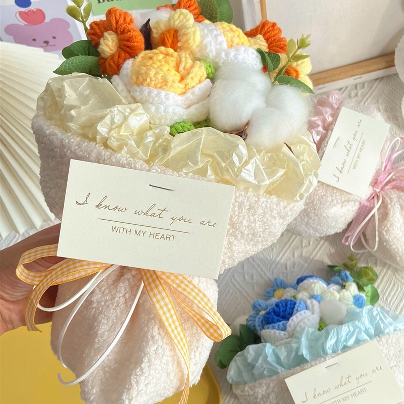 成品手工针织毛线花束编织玫瑰仿真花永生花38女神节送人毕业礼物