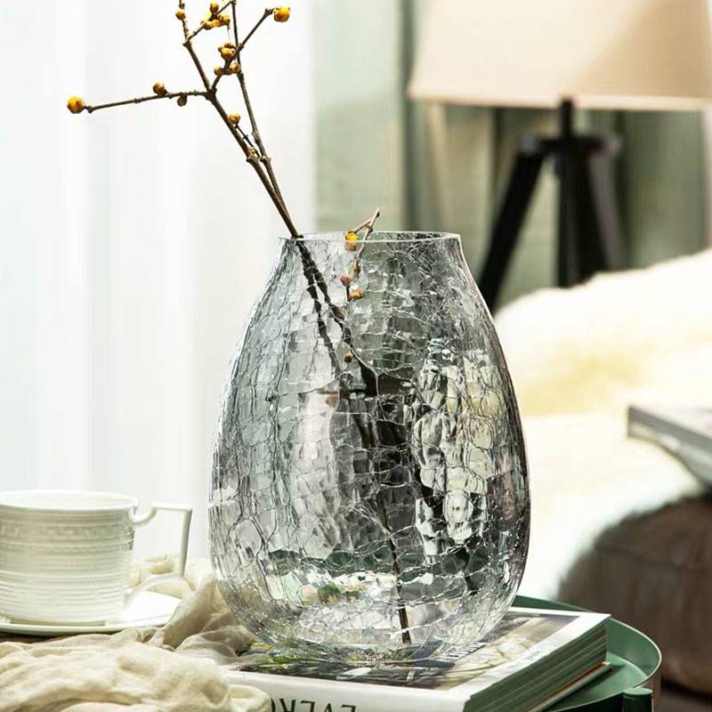 特大号 轻奢琉光冰花玻璃花瓶透明花器 美式家居装饰插花花瓶摆件