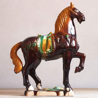 洛阳唐三彩大马 景德镇陶瓷马摆件设 风水镇宅旺财家居捷足先登