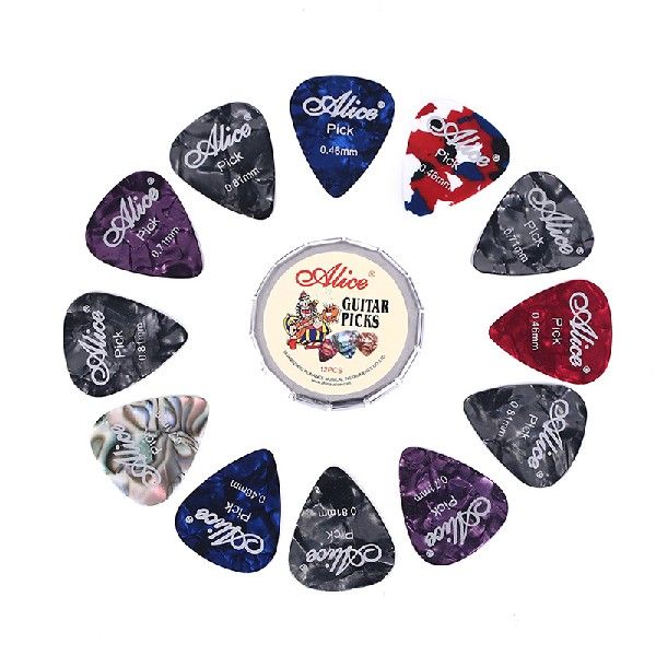 guitar picks, 12 colorful plectrum in one cute round metal