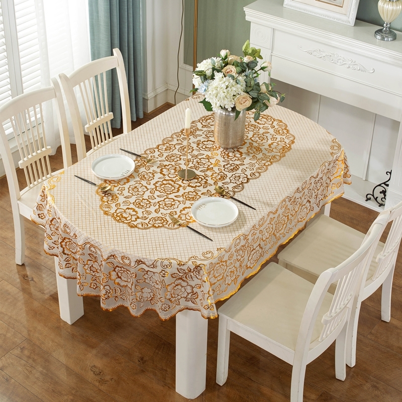 PVC餐桌布防水防油免洗烫金茶几布欧式简约圆形长方形椭圆形桌垫