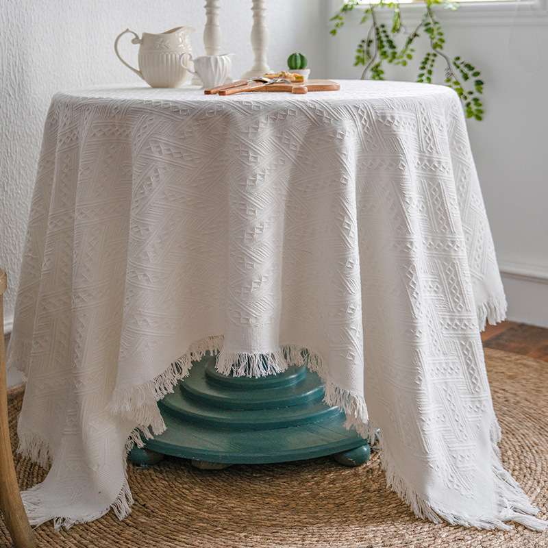 日系桌布白色感轻奢风圆桌书桌茶几床头柜台布ins圆形餐桌布