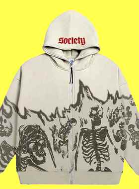 Men Street wear Vintage Skull Hoodie Zip Up Hoodies leisure