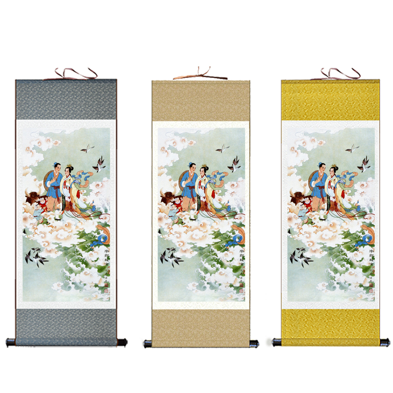 国画牛郎织女画像卷轴画客厅书房装饰画中式人物画无框绢布挂画