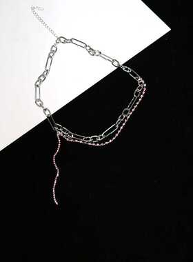欧美夏日甜酷超仙唯美镶钻链条流苏缠绕双层叠戴项链女性感锁骨链