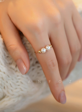 强光淡水珍珠14K包金戒指不掉色简约通勤气质百搭轻奢女2023新款