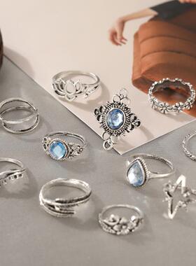 好货rings women 11pcs set 雕花镶钻星空宝石树叶复古关节戒指11