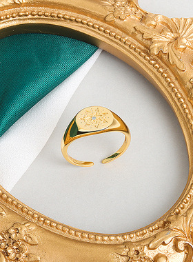 欧美冷淡风镶钻指南针戒指女时尚个性向日葵图案戒指开口饰品